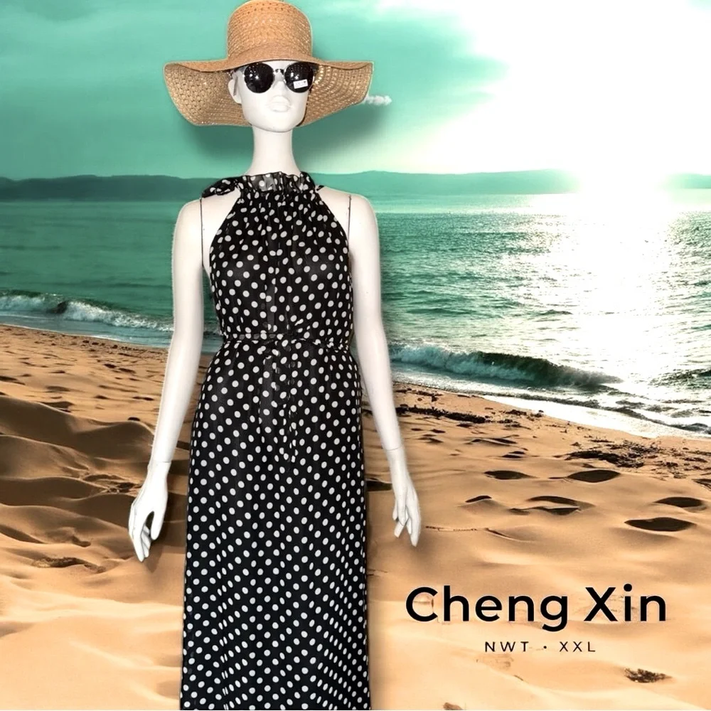 Cheng Xin NWT Dress Black White Polka Dot Halter Neck Maxi Resortwear Size XXL - Picture 4 of 16